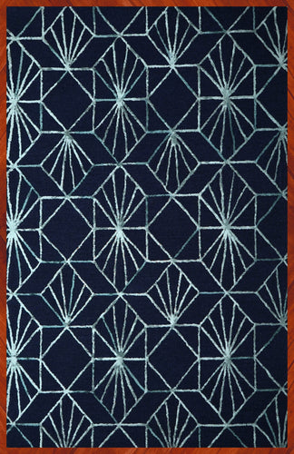 Navy Blue Ivory Geometric Star Burst Hand Tufted Wool Viscose Area Rug - Cut Pile Contemporary Custom Sizes