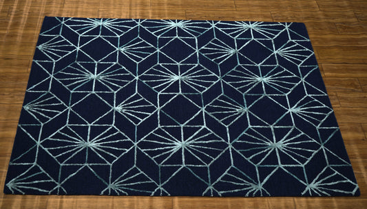 Navy Blue Ivory Geometric Star Burst Hand Tufted Wool Viscose Area Rug - Cut Pile Contemporary Custom Sizes