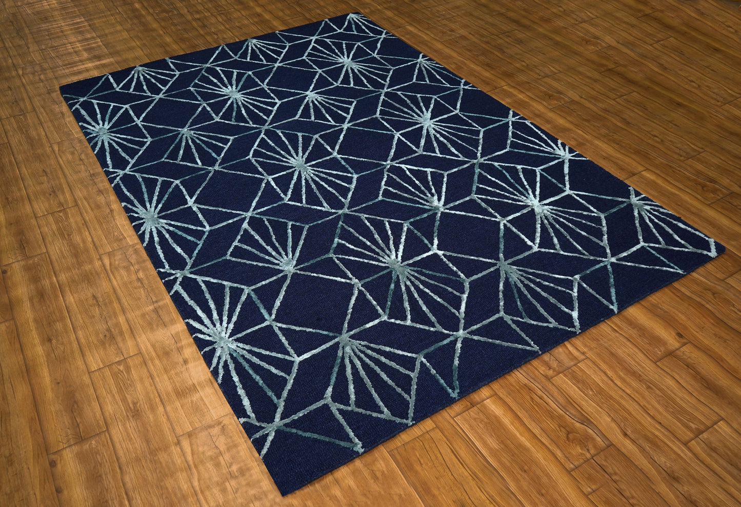 Navy Blue Ivory Geometric Star Burst Hand Tufted Wool Viscose Area Rug - Cut Pile Contemporary Custom Sizes
