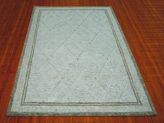 Sage Green Ivory Diamond Trellis Hand Tufted Wool Area Rug - Cut Pile Geometric Custom Sizes