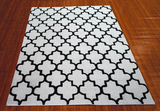 White Black Moroccan Trellis Hand Tufted Wool Area Rug - Cut Pile Geometric Custom Sizes