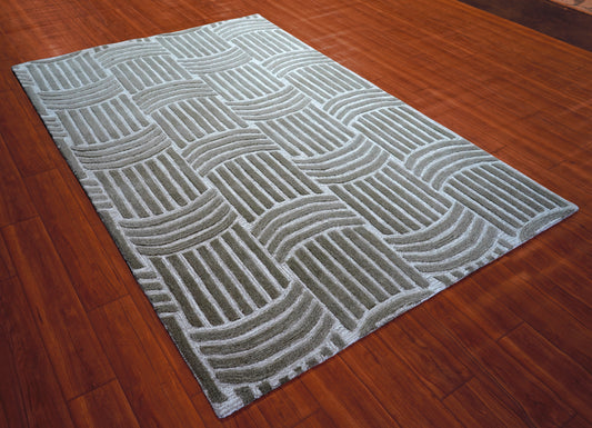 Wool Hand Tufted Cut Pile Area Rug - Grey White Geometric Basket weave Textured Custom Sizes
