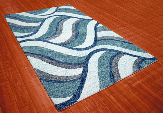 Abstract Waves Hand Tufted Wool Area Rug - Blue Grey White Navy Cut Pile Custom Sizes