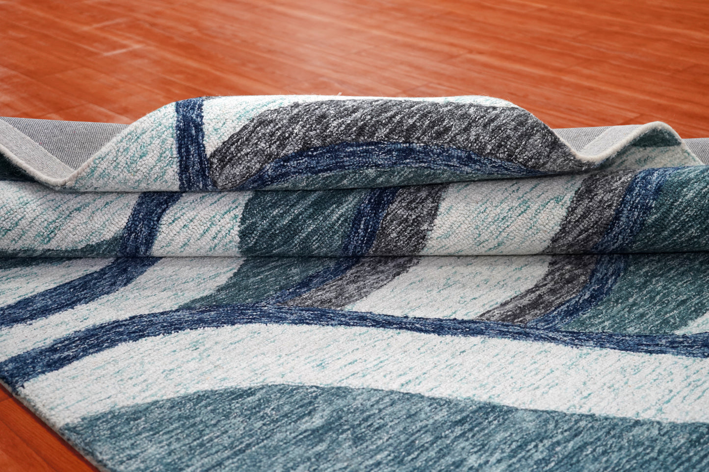 Abstract Waves Hand Tufted Wool Area Rug - Blue Grey White Navy Cut Pile Custom Sizes
