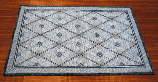 Silver Grey Diamond Lattice Floral Hand Tufted Wool Area Rug - Cut Pile Geometric Custom Sizes