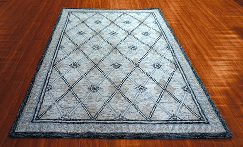 Silver Grey Diamond Lattice Floral Hand Tufted Wool Area Rug - Cut Pile Geometric Custom Sizes