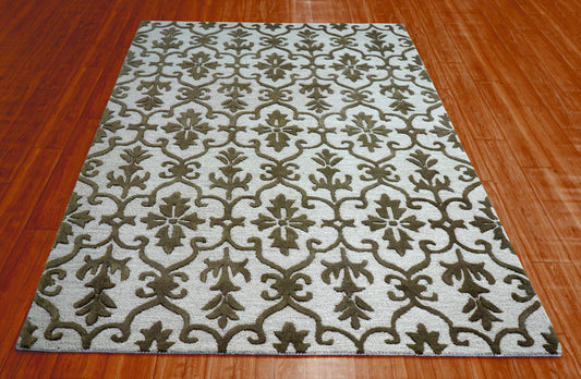 Damask Scrollwork Hand Tufted Wool Area Rug - White Grey Brown Cut Pile Custom Sizes