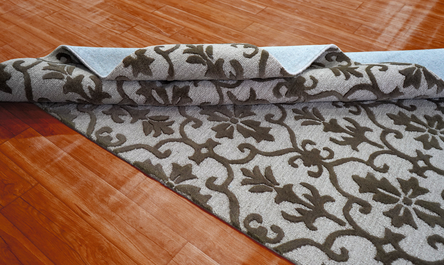 Damask Scrollwork Hand Tufted Wool Area Rug - White Grey Brown Cut Pile Custom Sizes