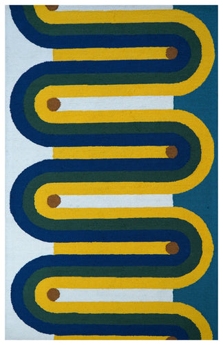 Hand Tufted Wool Cut Pile Geometric Area Rug - Blue Yellow Green White Wavy Stripes Custom Sizes