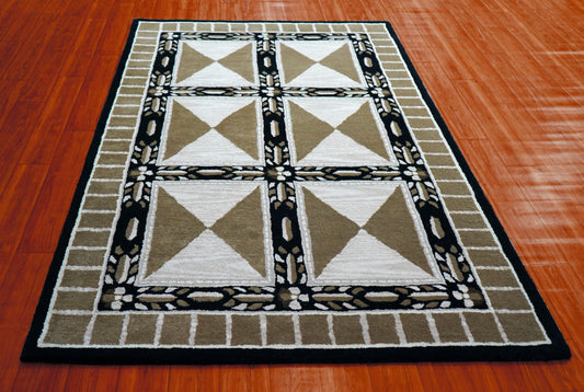 Geometric Tribal Cut Pile Hand Tufted Wool Area Rug - Beige White Black Grey Custom Sizes