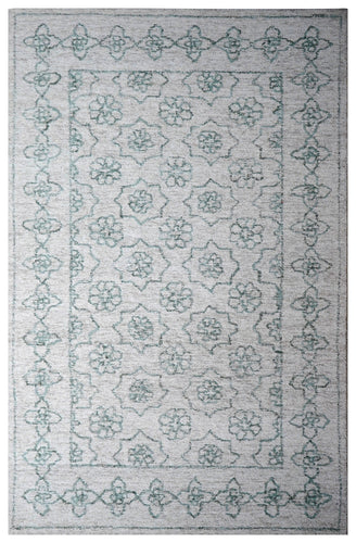 Cut Pile Hand Tufted Wool Area Rug - Mint Green Ivory Vintage Floral Distressed Custom Sizes