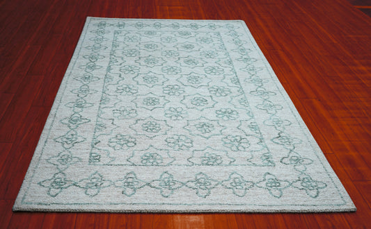Cut Pile Hand Tufted Wool Area Rug - Mint Green Ivory Vintage Floral Distressed Custom Sizes