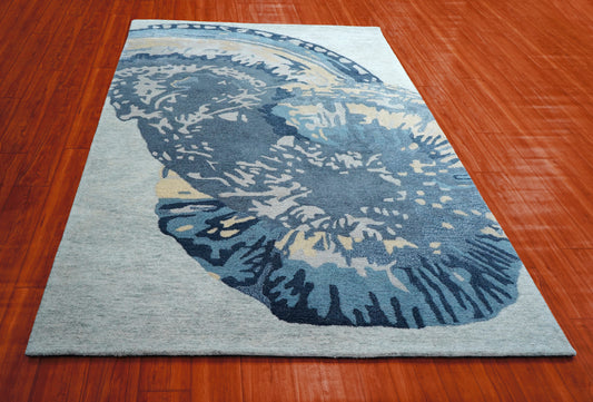 Blue Grey Beige Butterfly Abstract Hand Tufted Wool Area Rug - Cut Pile Artistic Custom Sizes