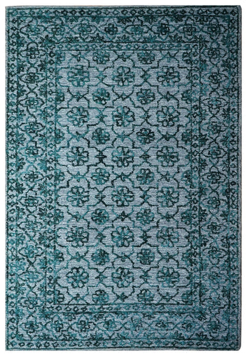 Teal Green Vintage Damask Distressed Hand Tufted Wool Area Rug - Cut Pile Shabby Chic Custom Sizes