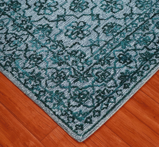 Teal Green Vintage Damask Distressed Hand Tufted Wool Area Rug - Cut Pile Shabby Chic Custom Sizes