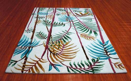 Tropical Palm Fronds Bamboo Hand Tufted Wool Area Rug - Teal Green Yellow Cut Pile Custom Sizes
