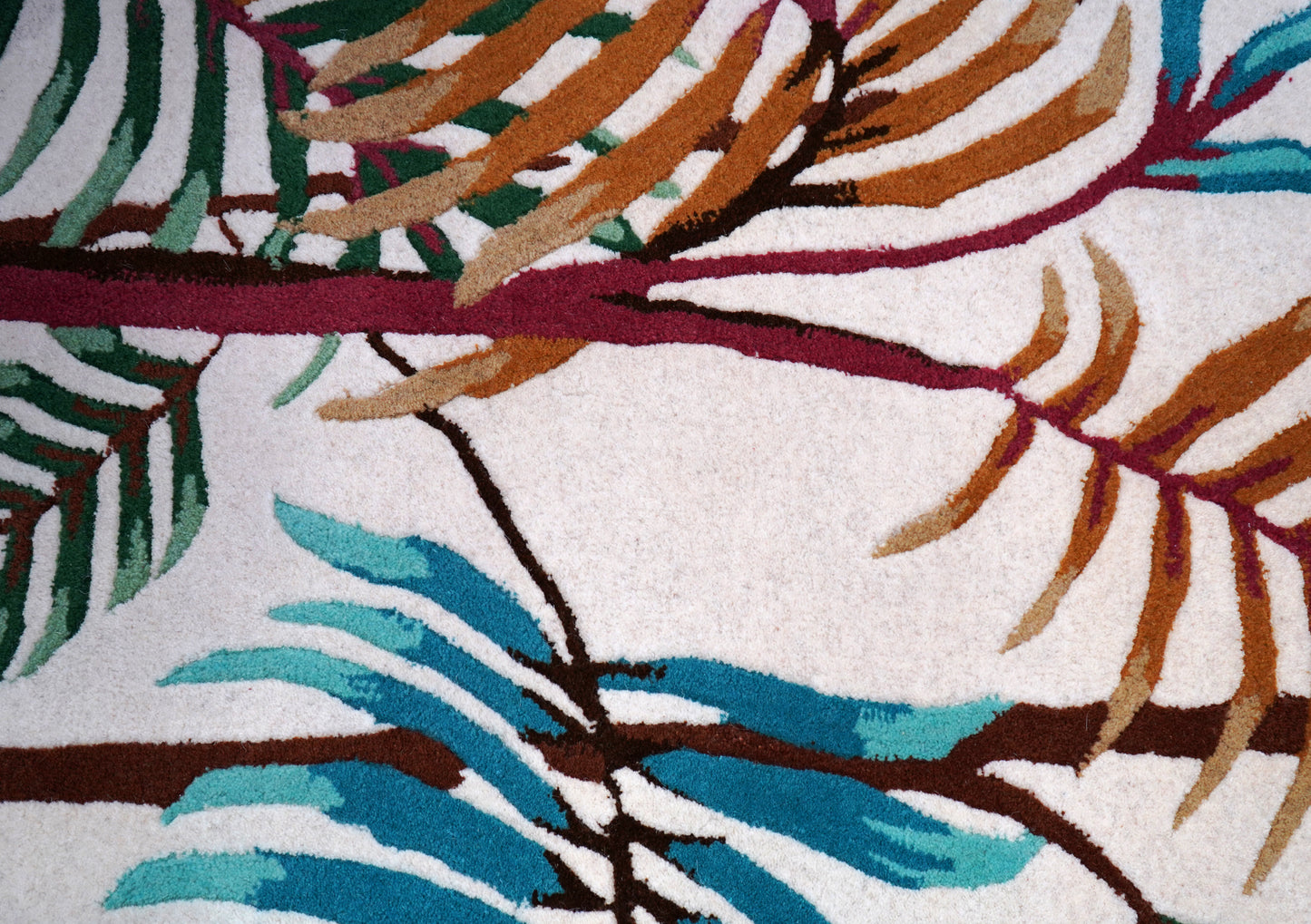 Tropical Palm Fronds Bamboo Hand Tufted Wool Area Rug - Teal Green Yellow Cut Pile Custom Sizes