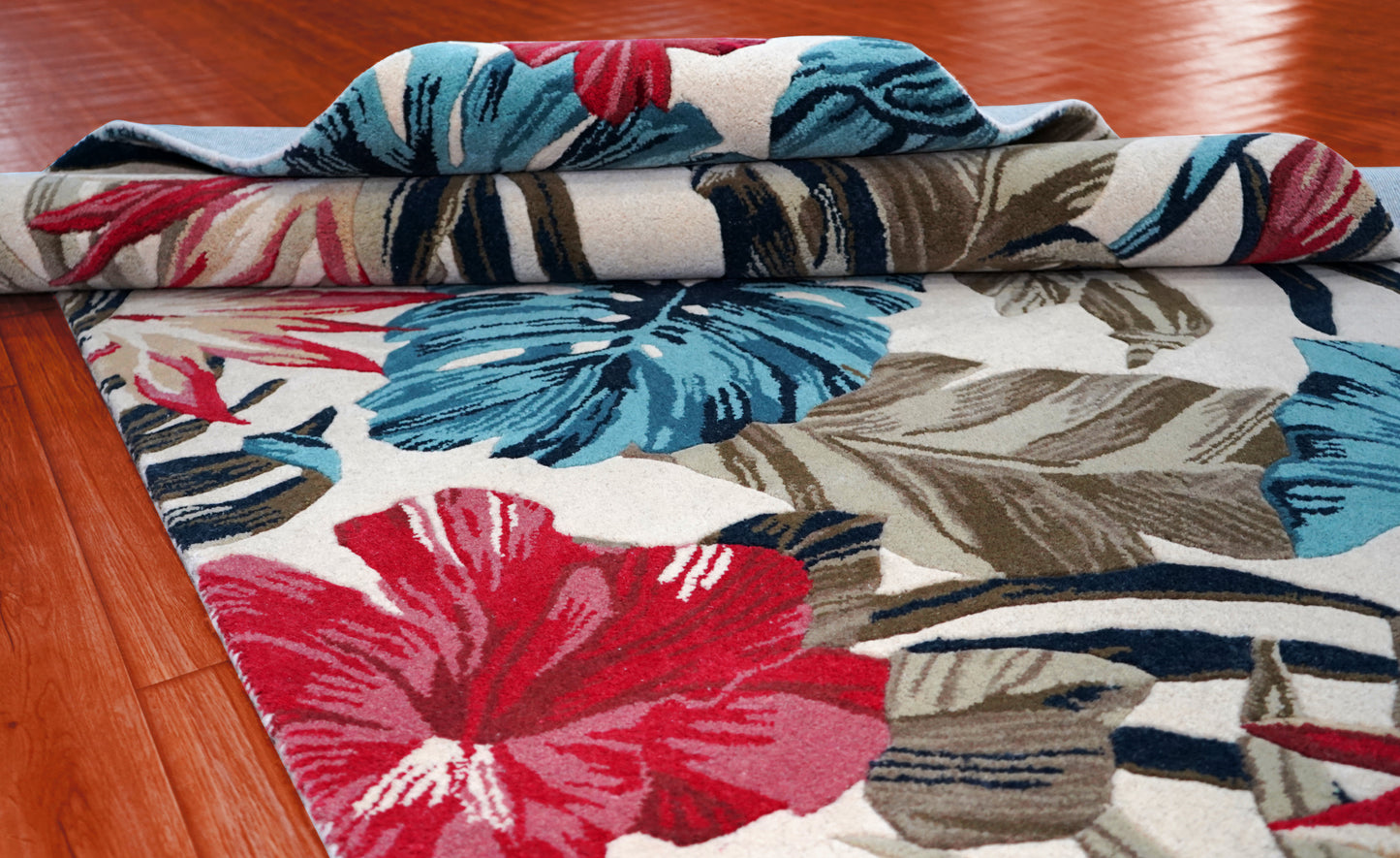 Bold Tropical Hibiscus Hand Tufted Wool Area Rug - Red Blue Beige Cut Pile Botanical Custom Sizes