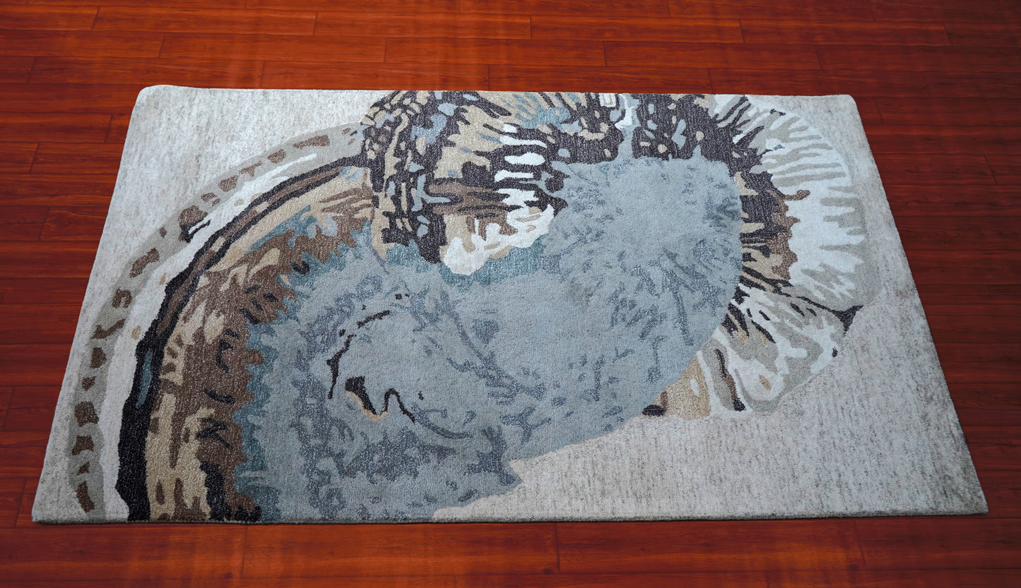 Blue Grey Beige Abstract Feather Hand Tufted Wool Area Rug - Cut Pile Artistic Custom Sizes