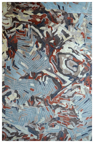 Blue Grey Red Abstract Floral Hand Tufted Wool Area Rug - Cut Pile Contemporary Custom Sizes