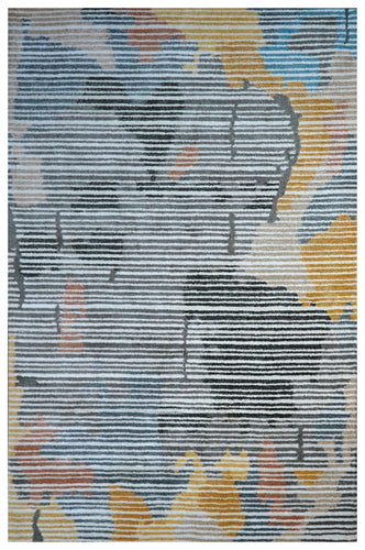 Multi-Color Abstract Striped Hand Tufted Wool Area Rug - Blue Yellow Grey Cut Pile Custom Sizes