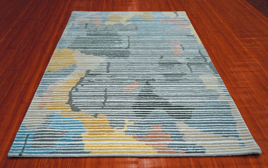 Multi-Color Abstract Striped Hand Tufted Wool Area Rug - Blue Yellow Grey Cut Pile Custom Sizes