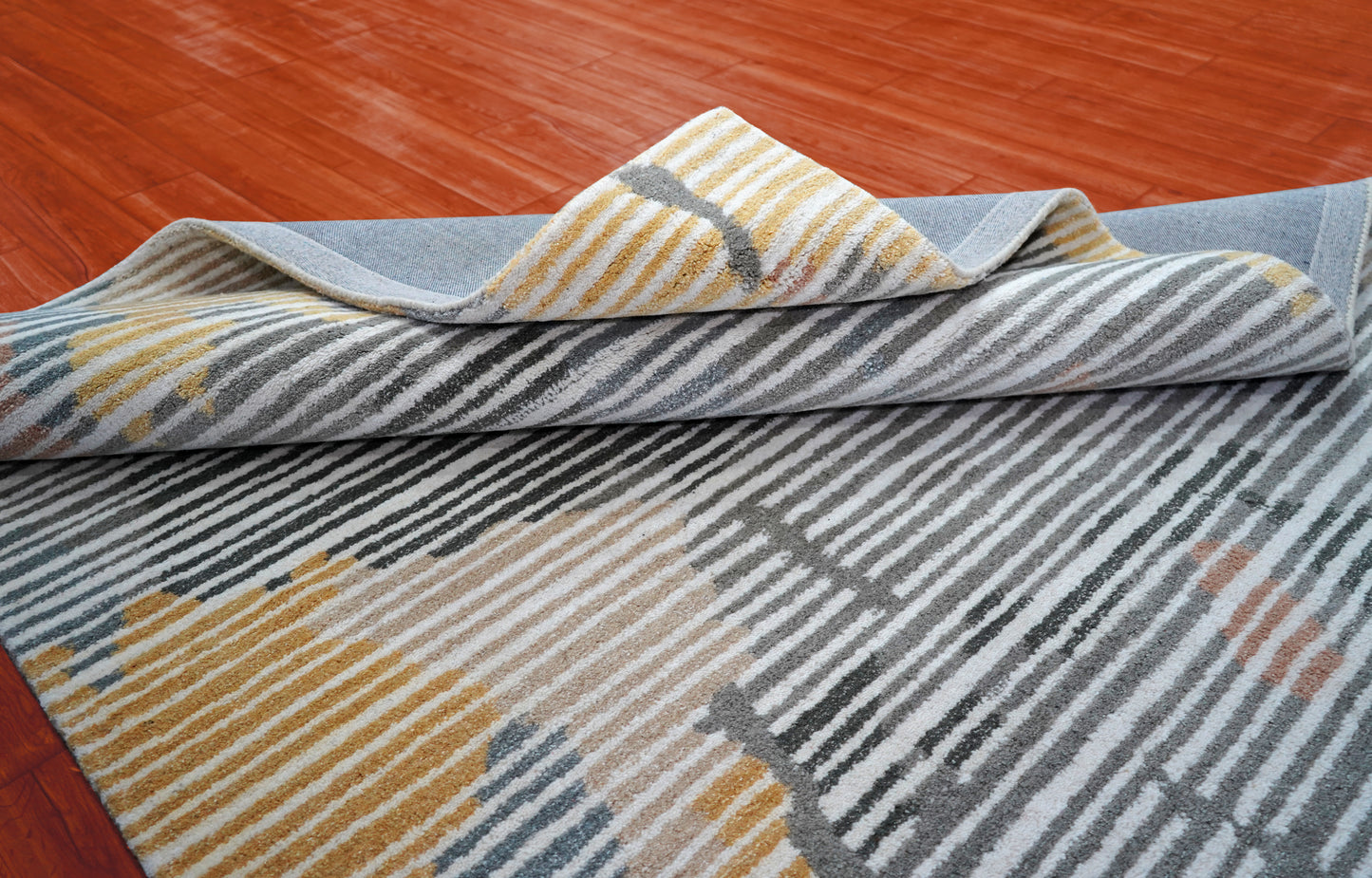 Multi-Color Abstract Striped Hand Tufted Wool Area Rug - Blue Yellow Grey Cut Pile Custom Sizes