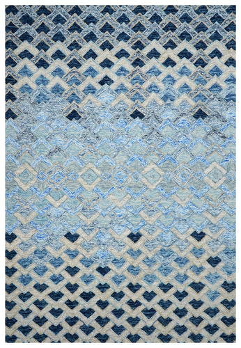 Blue Navy Diamond Trellis Floral Border Hand Tufted Wool Area Rug - Cut Pile Geometric Custom Sizes