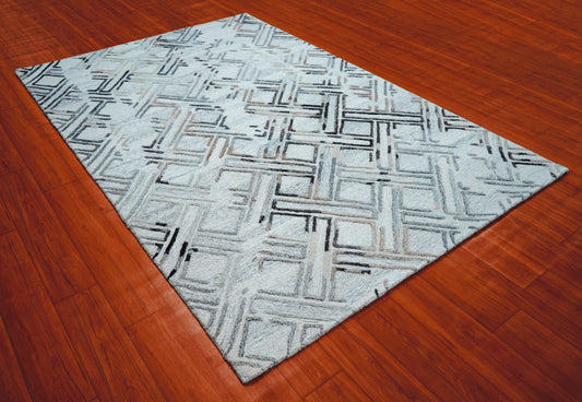 Grey Ivory Abstract Geometric Crosshatch Hand Tufted Wool Viscose Area Rug - Cut Pile Contemporary Custom Sizes
