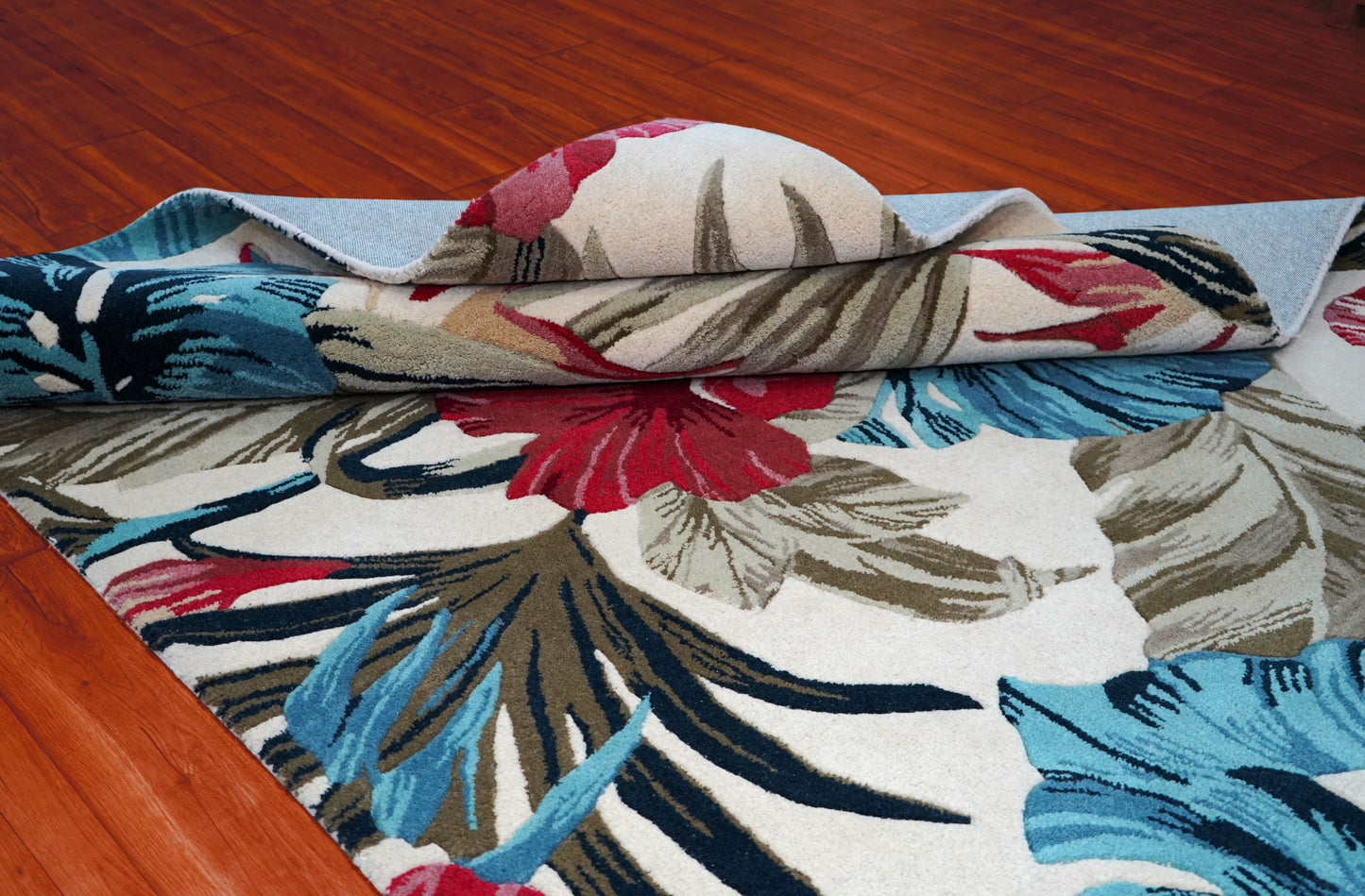 Tropical Palm Leaves Floral Hand Tufted Wool Area Rug - Blue Pink Beige Cut Pile Custom Sizes