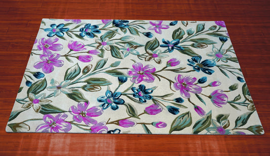 Purple Teal Watercolor Floral Hand Tufted Wool Area Rug - White Cut Pile Botanical Custom Sizes