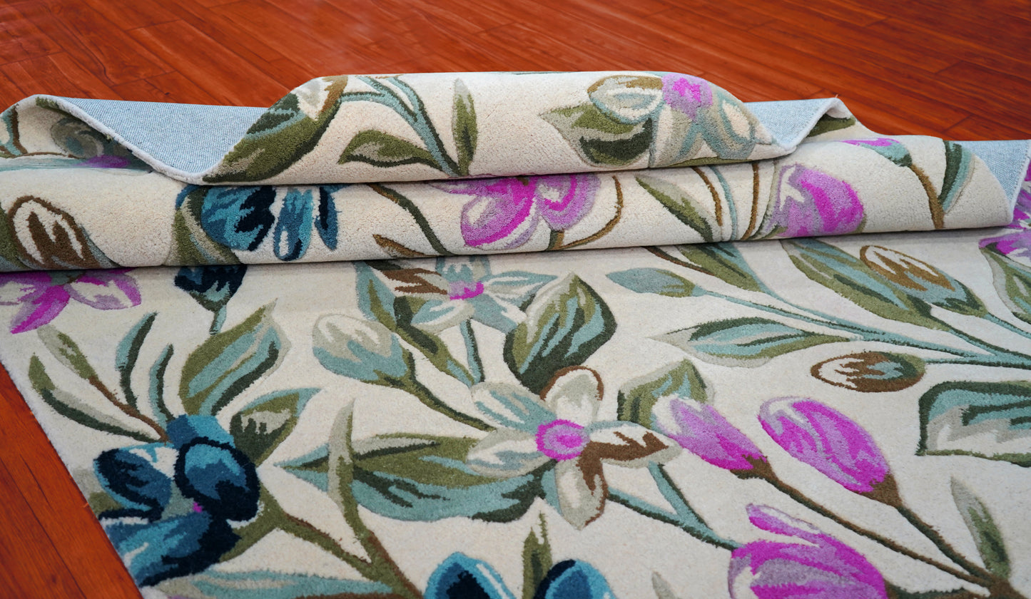 Purple Teal Watercolor Floral Hand Tufted Wool Area Rug - White Cut Pile Botanical Custom Sizes