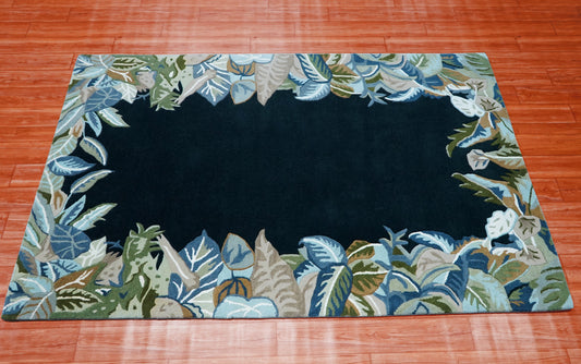 Navy Tropical Border Hand Tufted Wool Area Rug - Green Beige Palm Leaves Cut Pile Custom Sizes