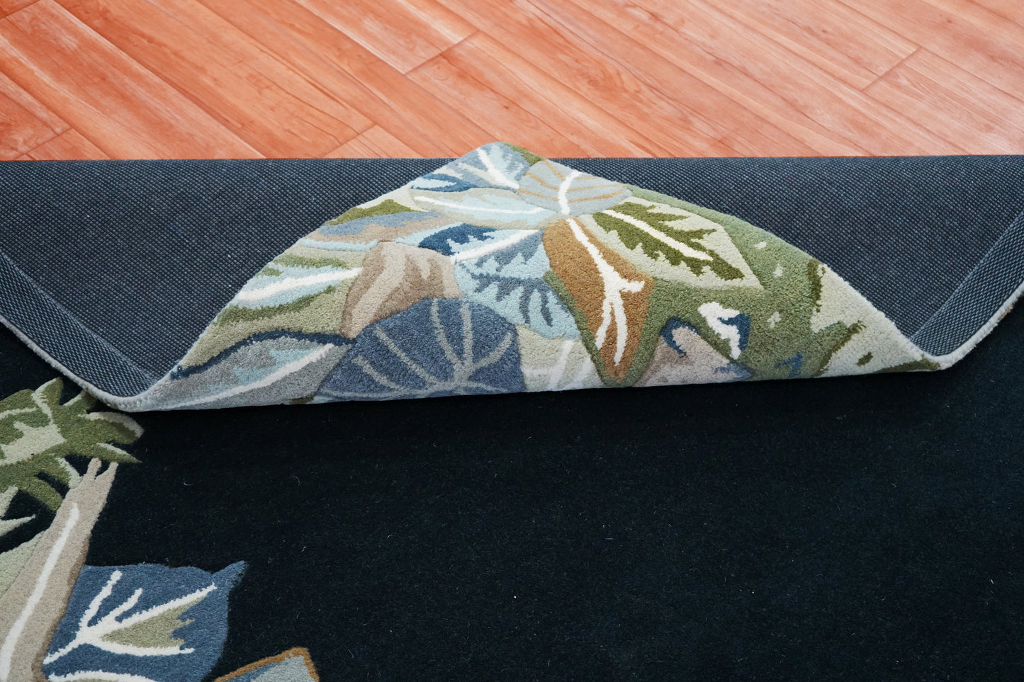 Navy Tropical Border Hand Tufted Wool Area Rug - Green Beige Palm Leaves Cut Pile Custom Sizes