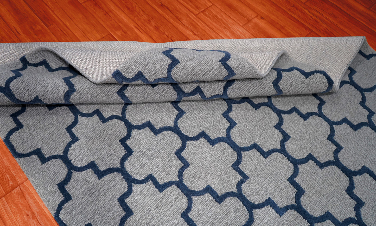 Grey Navy Moroccan Quatrefoil Trellis Hand Tufted Wool Area Rug - Cut Pile Geometric Custom Sizes
