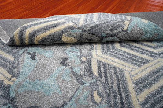 Blue Teal Abstract Chevron Floral Hand Tufted Wool Area Rug - Cut Pile Contemporary Custom Sizes