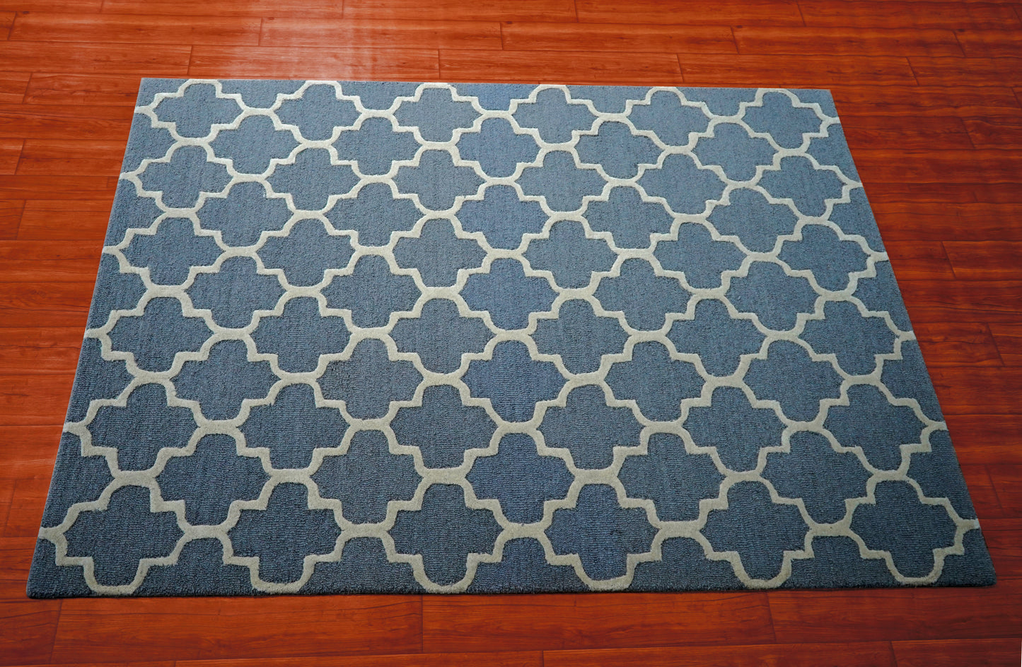 Blue Grey Moroccan Quatrefoil Trellis Hand Tufted Wool Area Rug - Cut Pile Geometric Custom Sizes