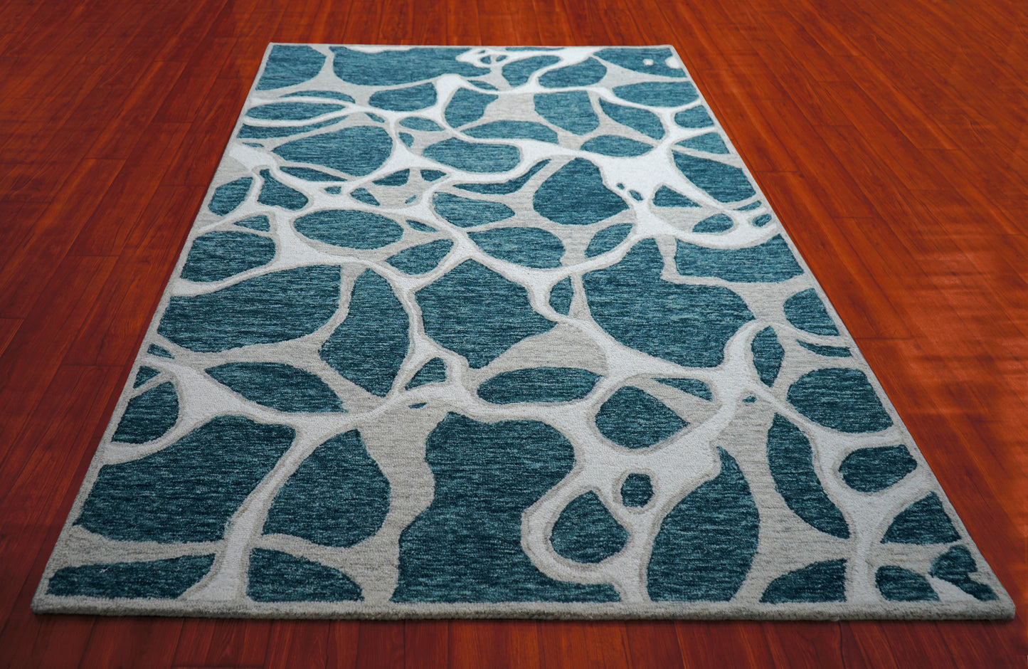 Teal Grey Abstract Organic Pebbles Hand Tufted Wool Area Rug - Cut Pile Contemporary Custom Sizes
