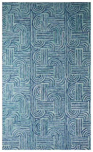 Blue Teal Abstract Geometric Maze Hand Tufted Wool Area Rug - Cut Pile Contemporary Custom Sizes