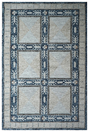 Grey Ivory Floral Panel Grid Hand Tufted Wool Area Rug - Cut Pile Traditional Custom Sizes