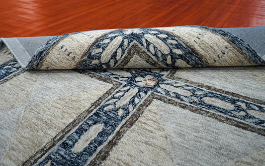 Grey Ivory Floral Panel Grid Hand Tufted Wool Area Rug - Cut Pile Traditional Custom Sizes