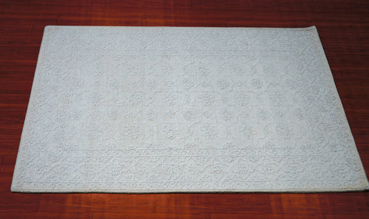 Ivory Textured Floral Hand Tufted Wool Area Rug - Cut Pile Elegant Custom Sizes
