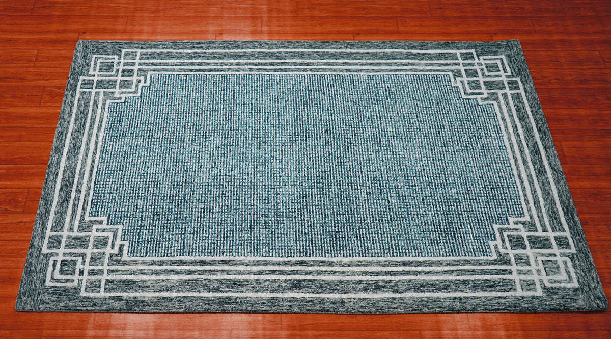 Teal Grey Greek Key Border Hand Tufted Wool Area Rug - Cut Pile Contemporary Custom Sizes