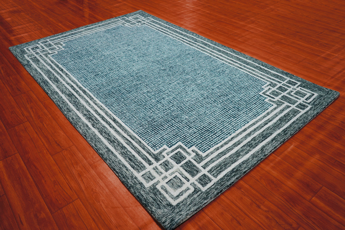 Teal Grey Greek Key Border Hand Tufted Wool Area Rug - Cut Pile Contemporary Custom Sizes