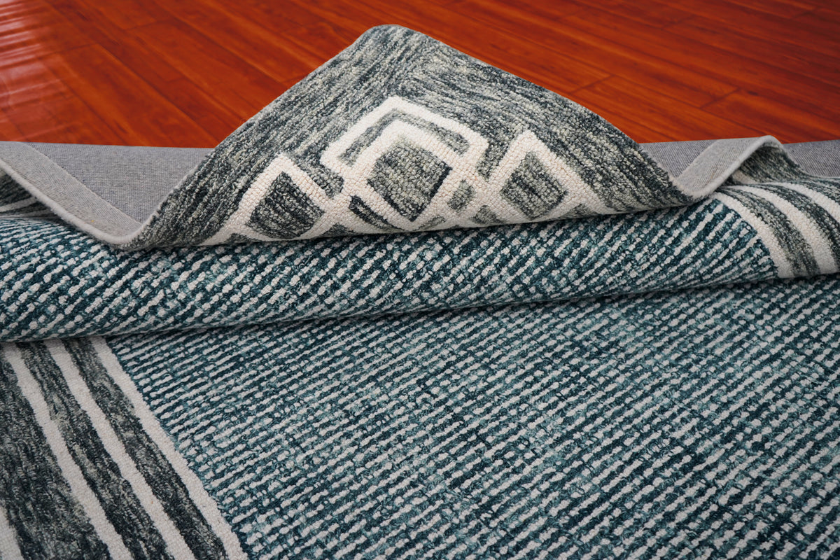 Teal Grey Greek Key Border Hand Tufted Wool Area Rug - Cut Pile Contemporary Custom Sizes