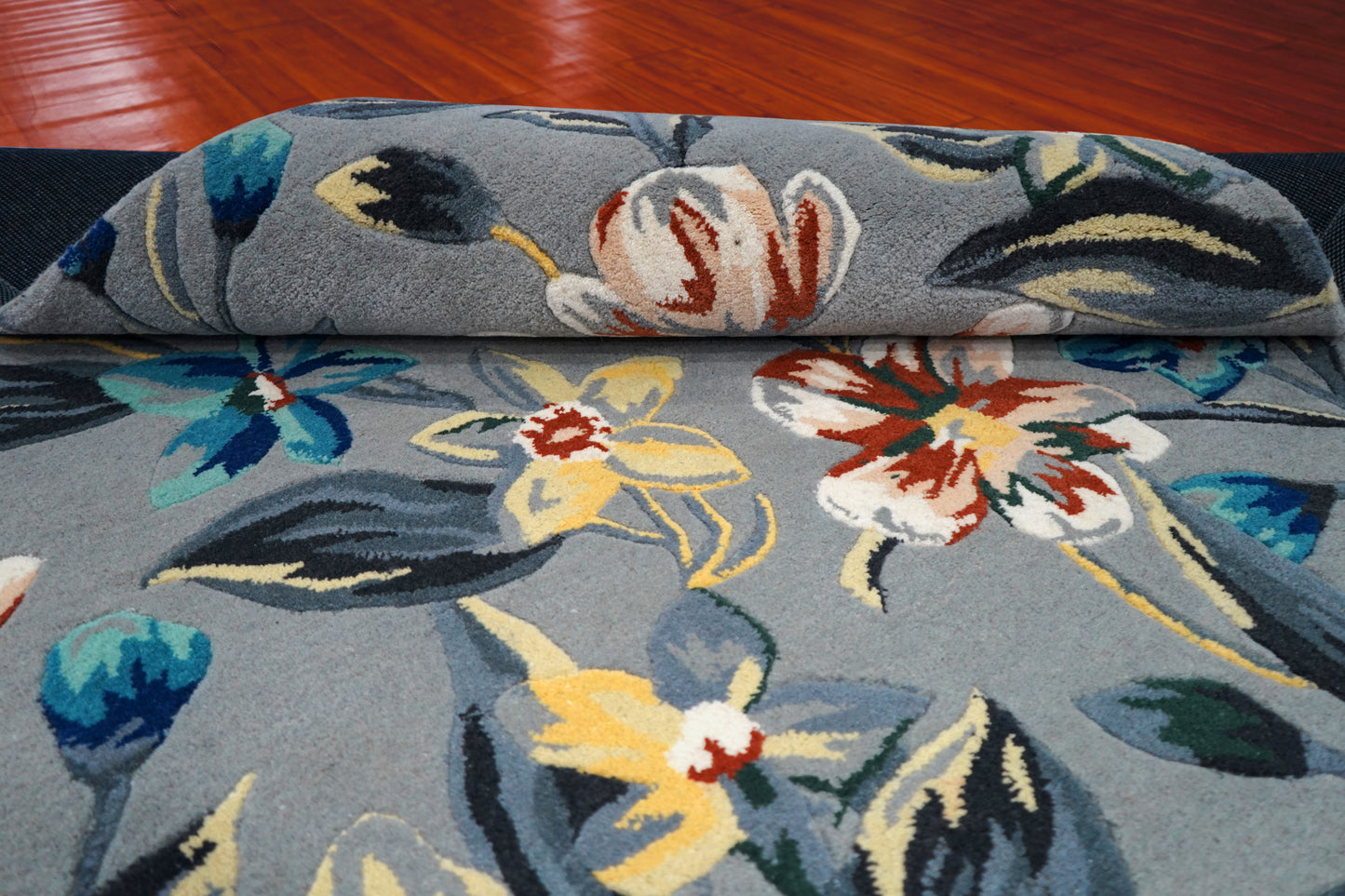 Blue Grey Floral Botanical Hand Tufted Wool Area Rug - White Yellow Cut Pile Custom Sizes