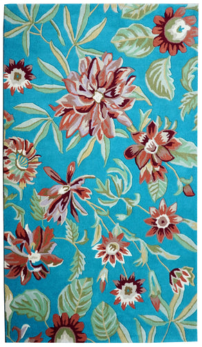 Turquoise Tropical Floral Hand Tufted Wool Area Rug - Brown Green Cut Pile Botanical Custom Sizes