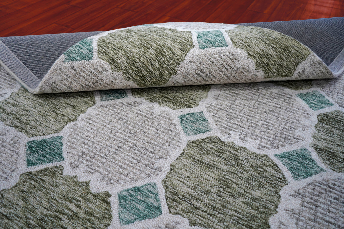 Green Teal Ivory Moroccan Quatrefoil Trellis Hand Tufted Wool Area Rug - Cut Pile Geometric Custom Sizes