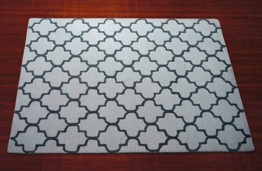 Grey Navy Moroccan Quatrefoil Hand Tufted Wool Area Rug - Cut Pile Geometric Custom Sizes