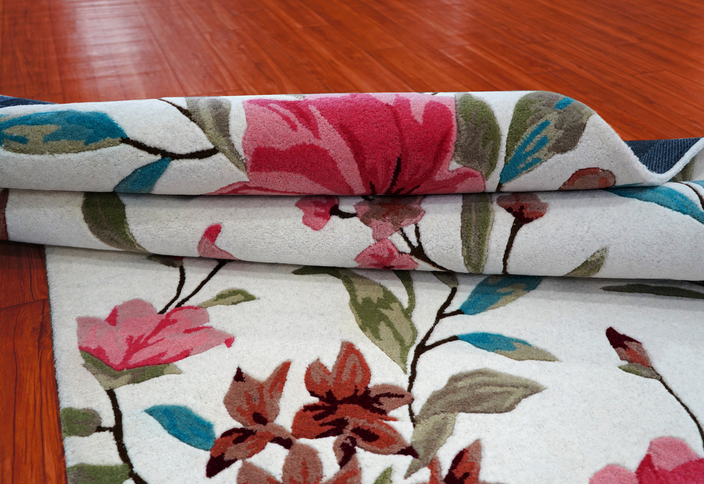 Pink Teal Watercolor Floral Hand Tufted Wool Area Rug - White Cut Pile Botanical Custom Sizes